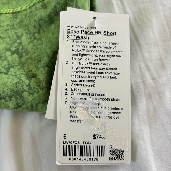 Lululemon Base Pace HR Short 8” *Wash Biker TYG4 Tue Dye Green Women’s Size 6 - Picture 4 of 4